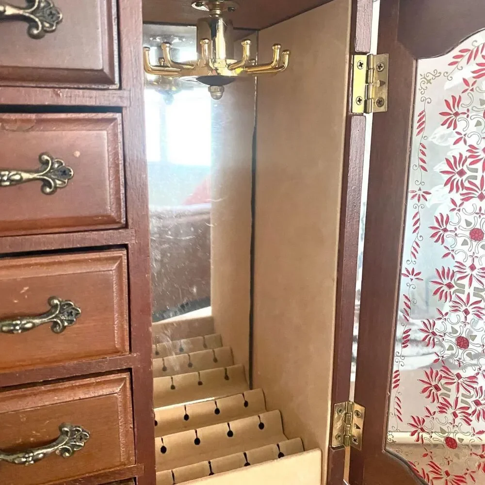 Vintage Taiwanese Wooden Jewelry Armoire Box Mirrored Doors 5 Drawer Jewelry Box